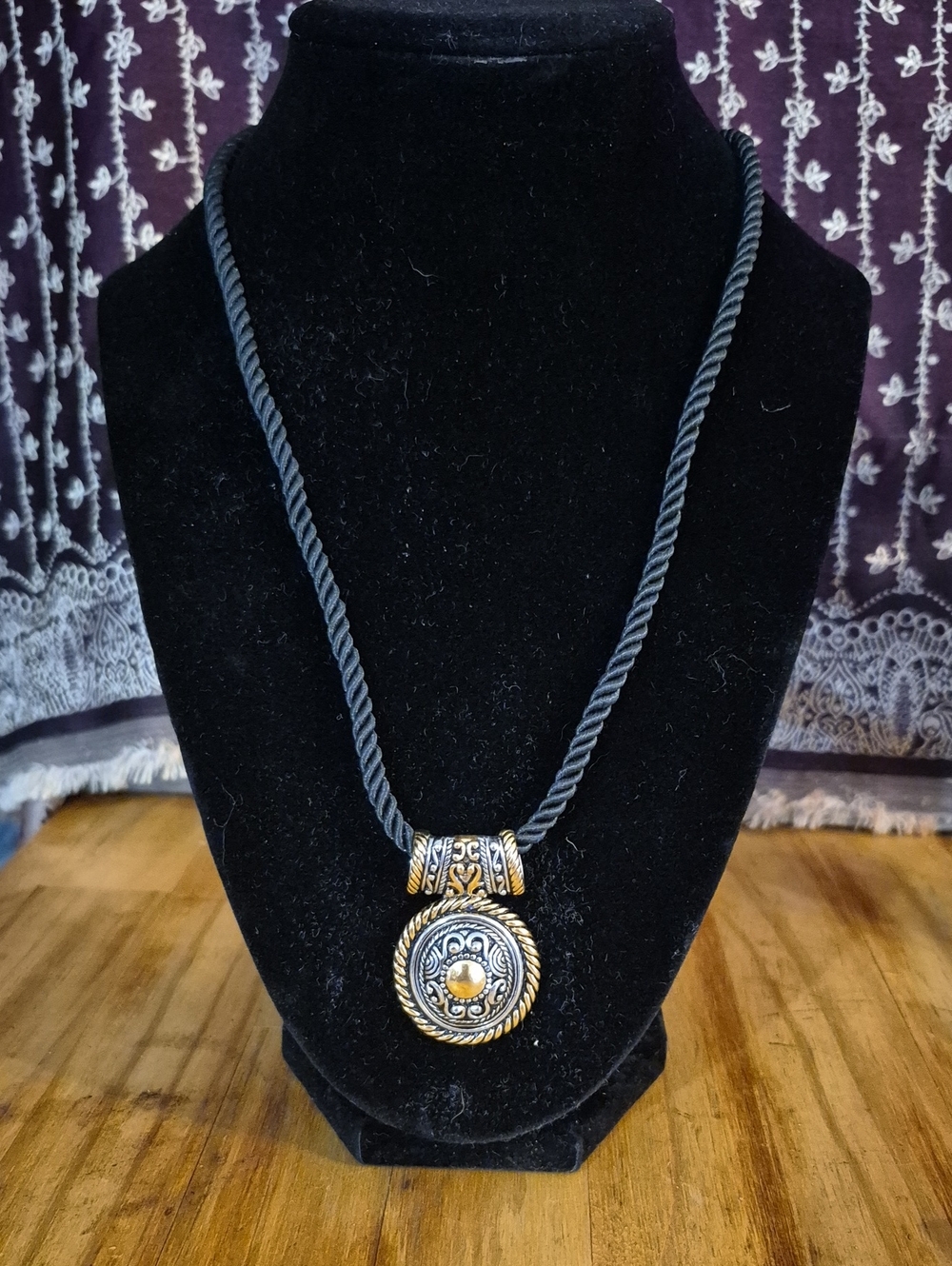 Gold-Tone Medallion Pendant Necklace - Black Cord